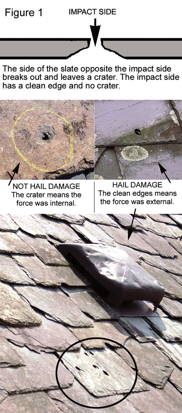 Hail damage on a slate roof - photos by Joseph Jenkins